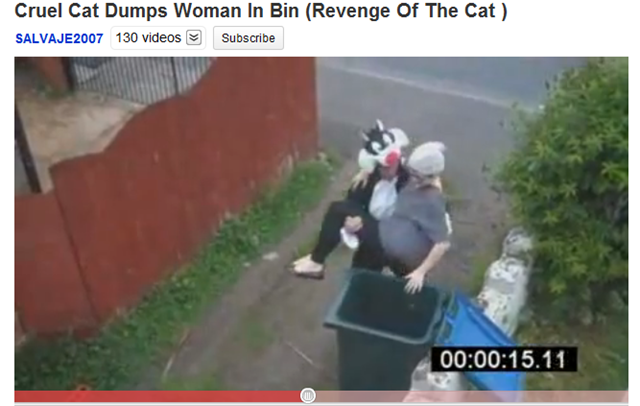 Woman Dumps Cat In Bin. Cat suit dumps an old lady